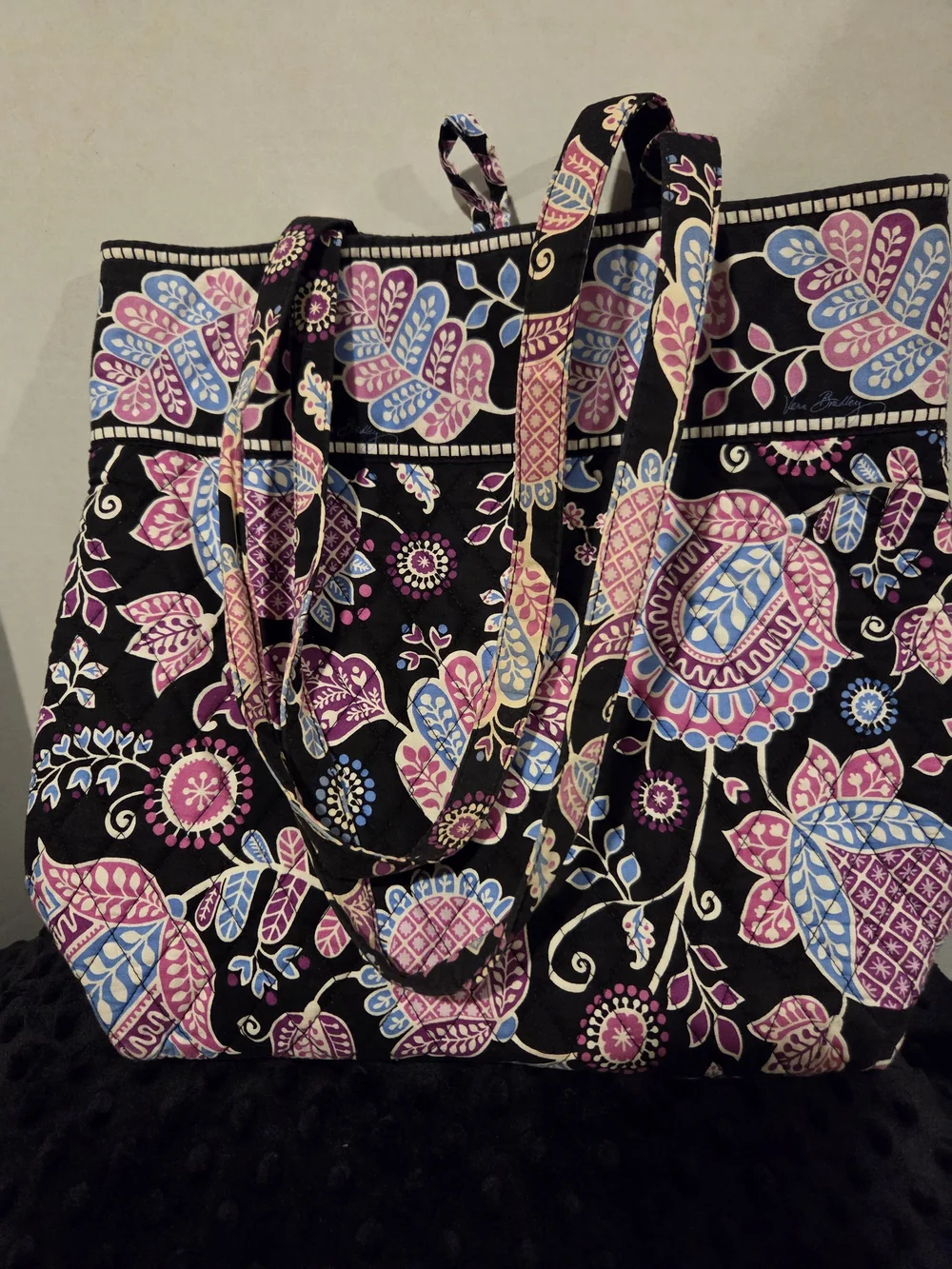 Vera Bradley Black Quilted Floral Tote with Pink & Blue Accents